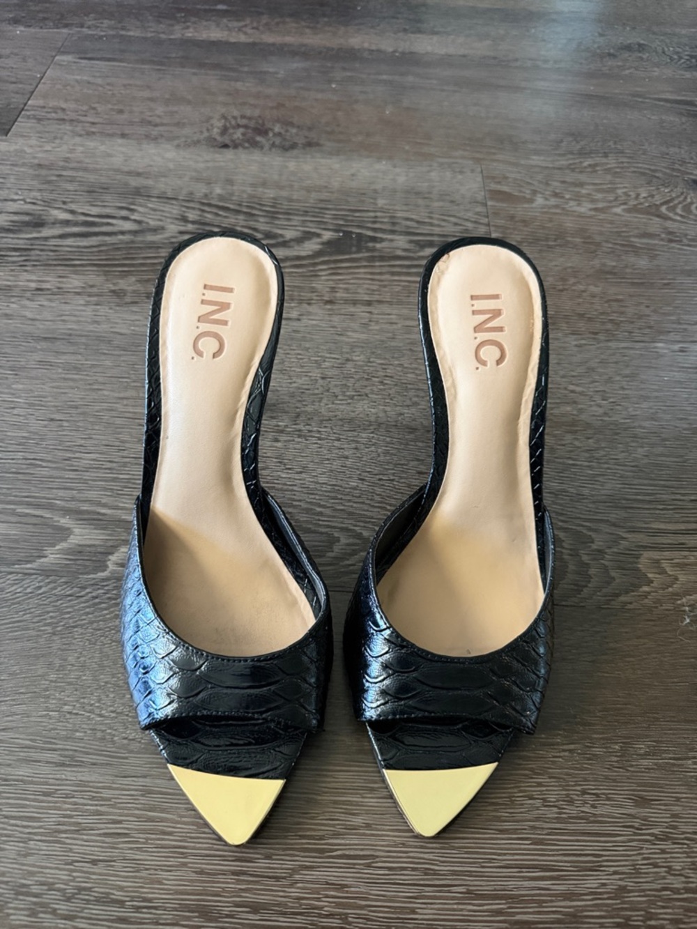 Black Faux-Croc Pointed Slide Heels with Gold Toe